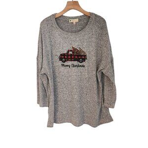 Merry Christmas Sweater‎ 3/4 Sleeve Gray Heathered Cozy Warm Womens XL EUC